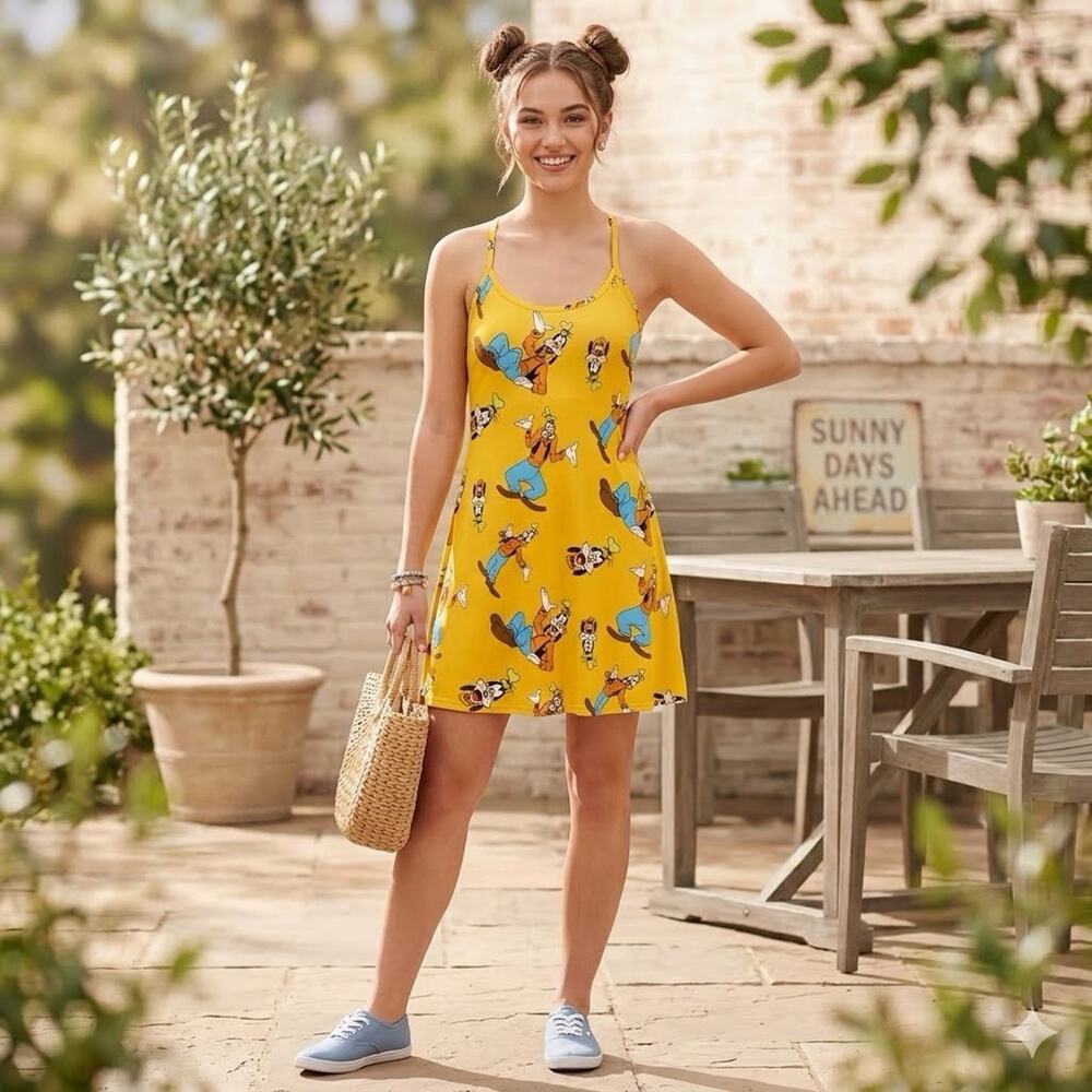 Disney Goofy All Over Print Dress Outdoor Voices Mickey Yellow Strappy Y2k Large